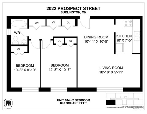 A floor plan for a Burlington apartment in 2022 shows a living room, two bedrooms, a dining room, and a kitchen.
